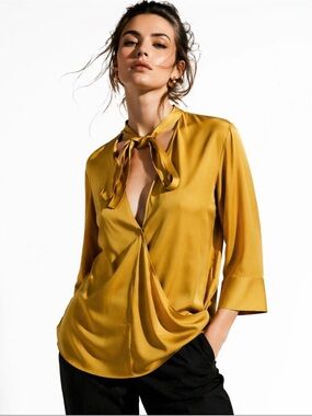 Theory Mustard Gold Silk Tie-Neck Blouse